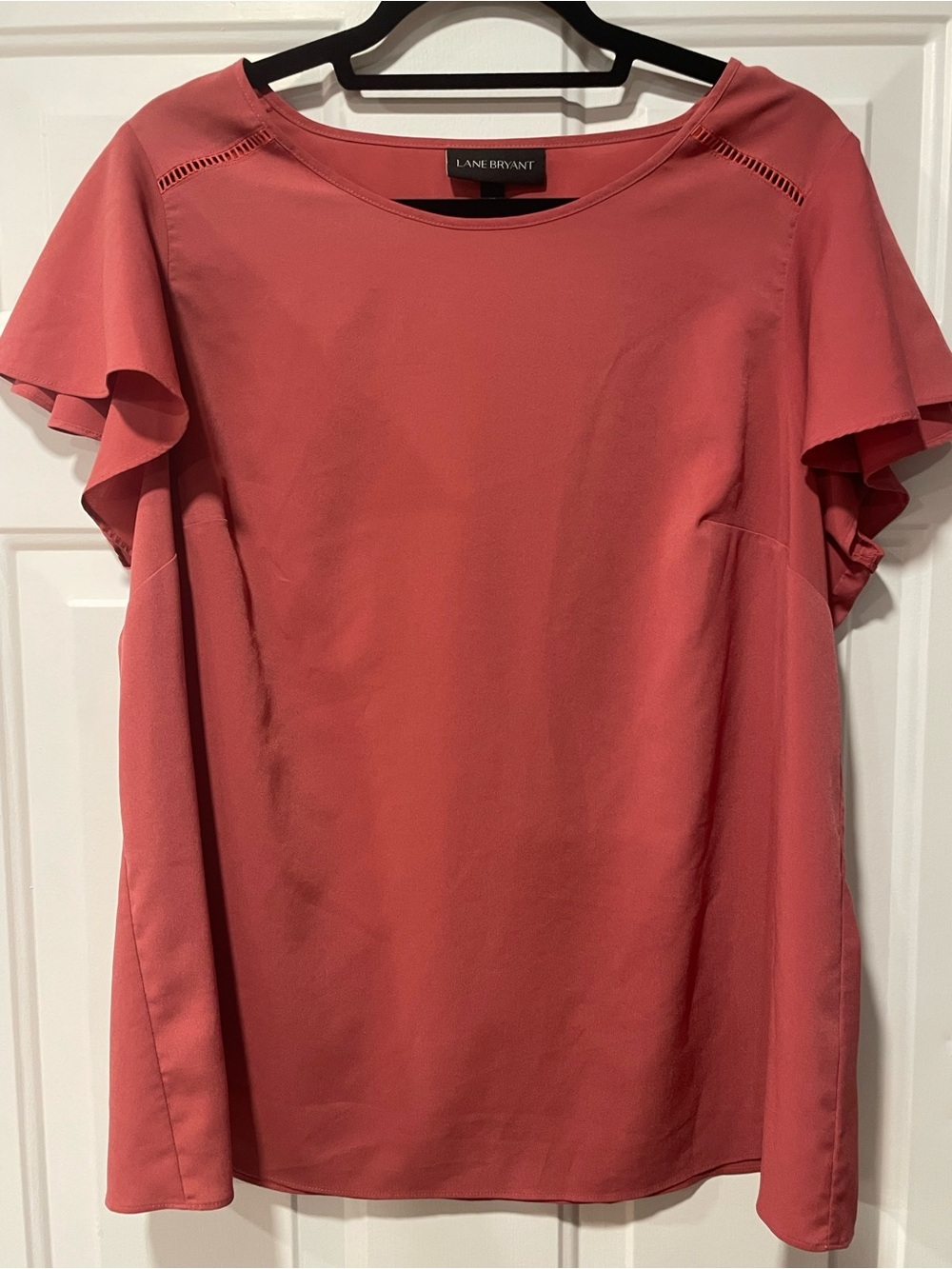 Lane Bryant Short Sleeve Rose Coral Round Neck Blouse, size 14.